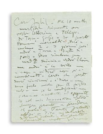 PUCCINI, GIACOMO. Autograph Note Signed, Giacomo, to Sybil Seligman (Dear Sybil), in Italian,
